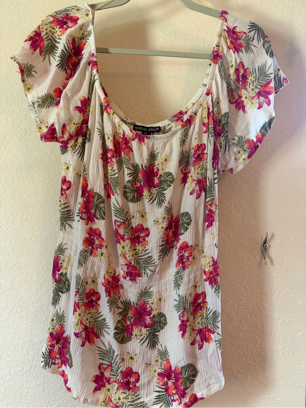 Moral Fiber White Floral Scoop Neck Top with Pink and Yellow Blooms
